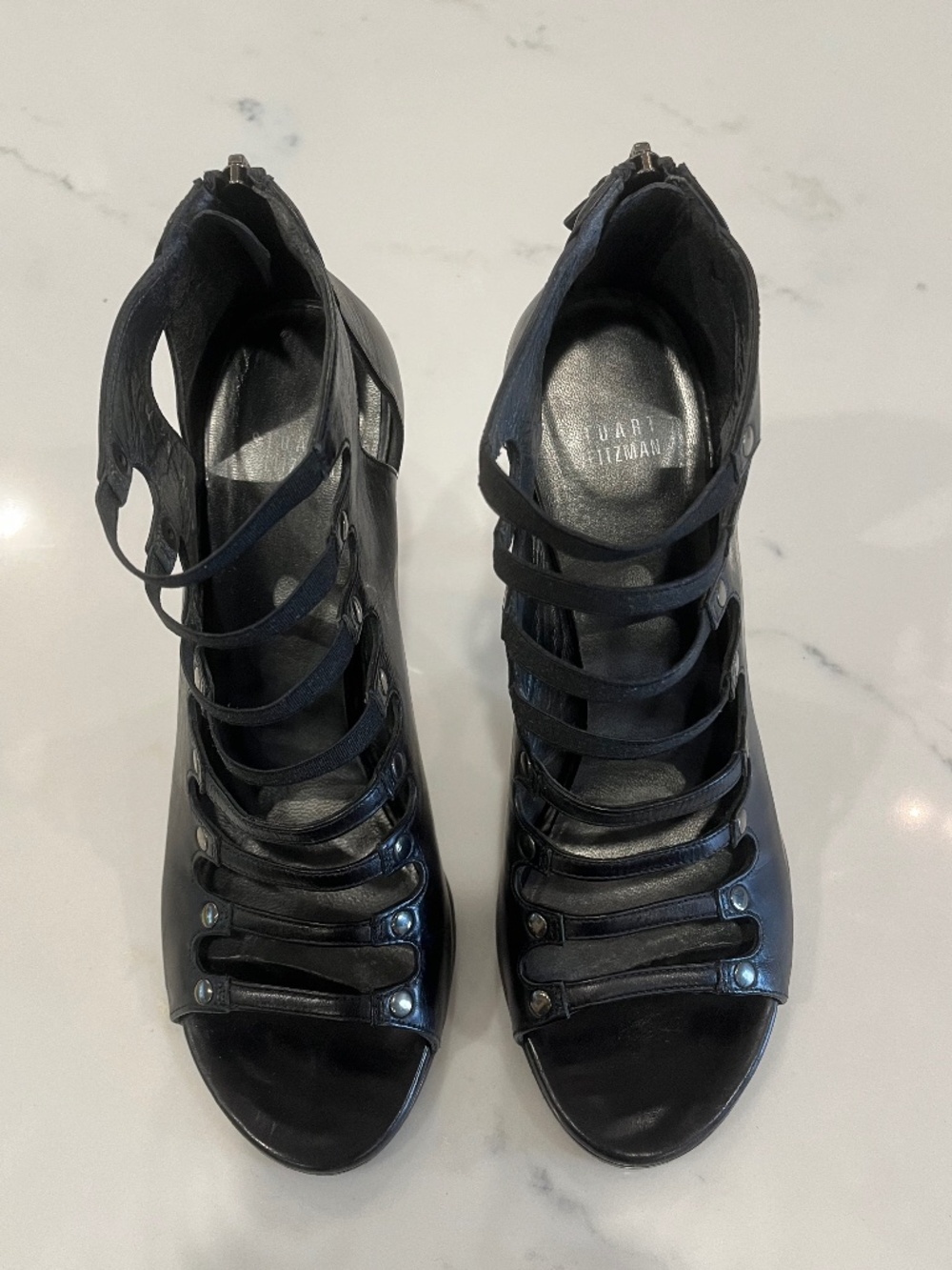 Stuart Weitzman Black Leather Open Toe, Multi-strap Heels w/ Zip Closure, 8 1/2